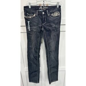 Antique Rivet Women Jeans Black Distressed Embellished Pocket Size 27